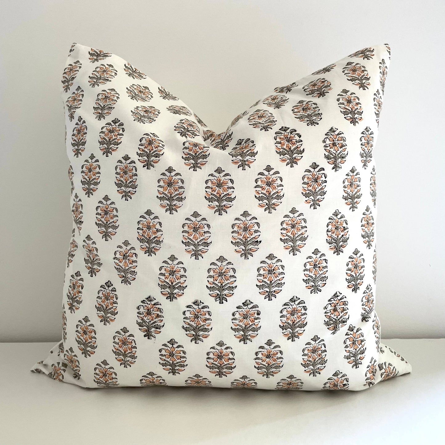 Cotton Peach Gray Floral Motif Square Pillow Cover 18x18