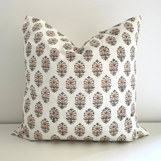 Cotton Peach Gray Floral Motif Square Pillow Cover 18x18