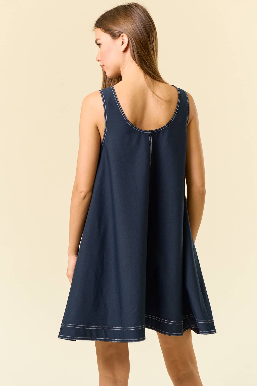 Double Scoop Neck Contrast Top Stitched Mini Dress