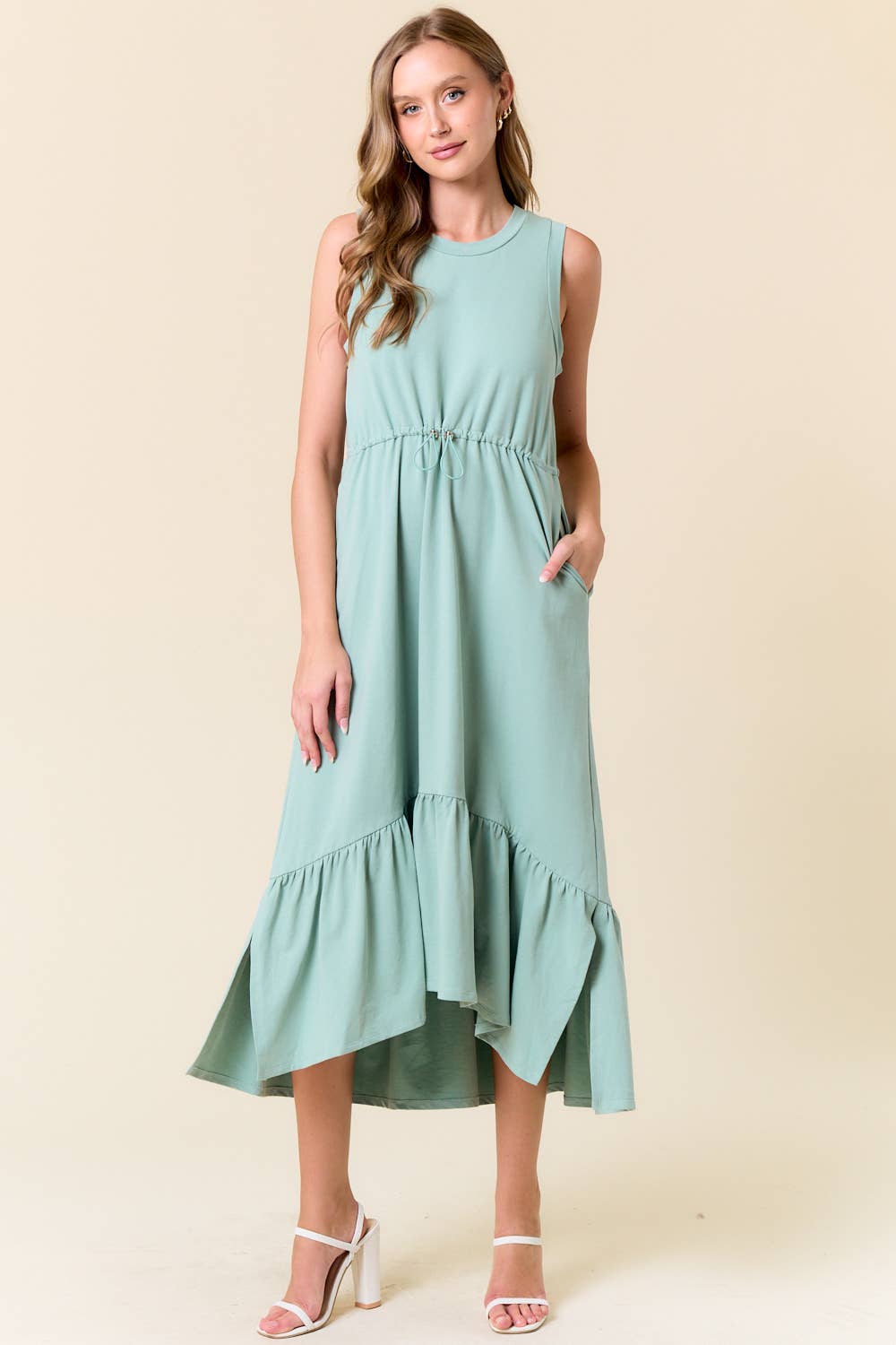Drawcord Waist Tiered French Terry Midi Dress
