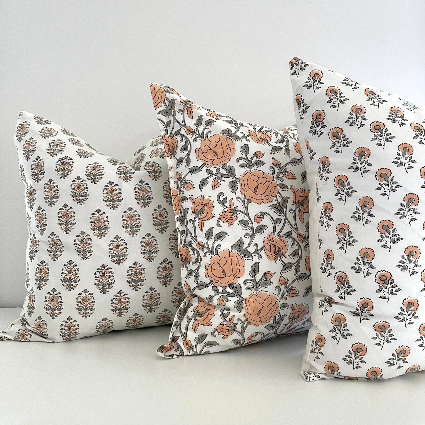 Cotton Peach Gray Floral Motif Square Pillow Cover 18x18
