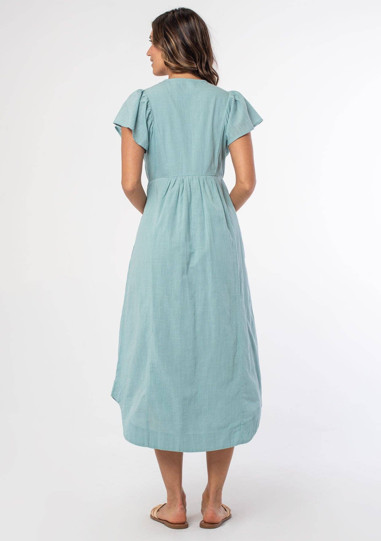 Cotton Slub Smocked Button Down Midi Dress