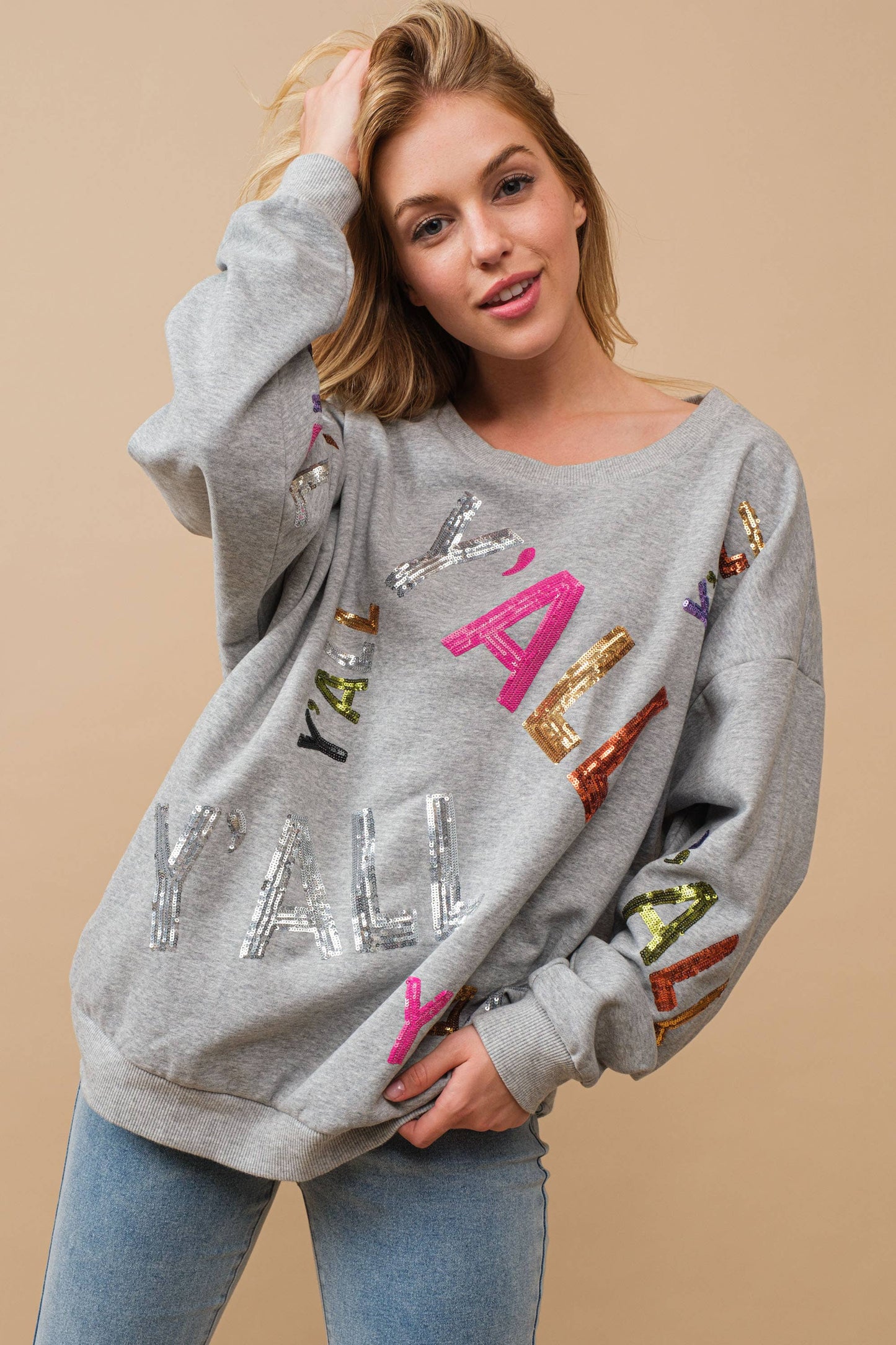 50008T - Sequin Embellished Y'all Graphic Sweatshirt
