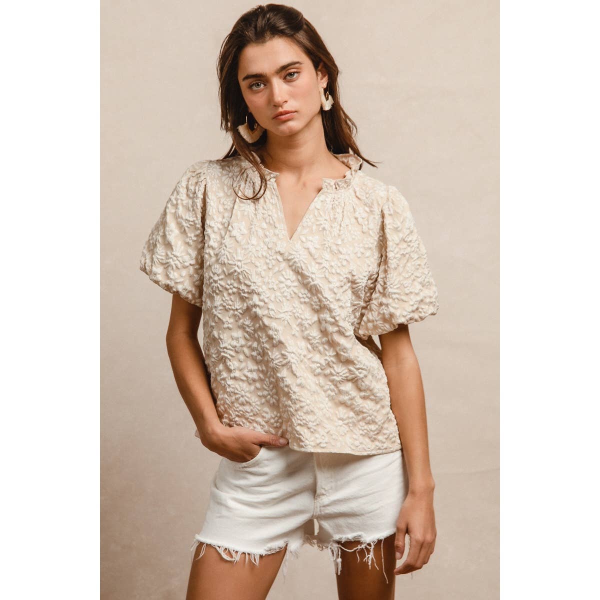 Floral Texture Ruffled V-Neck Blouse