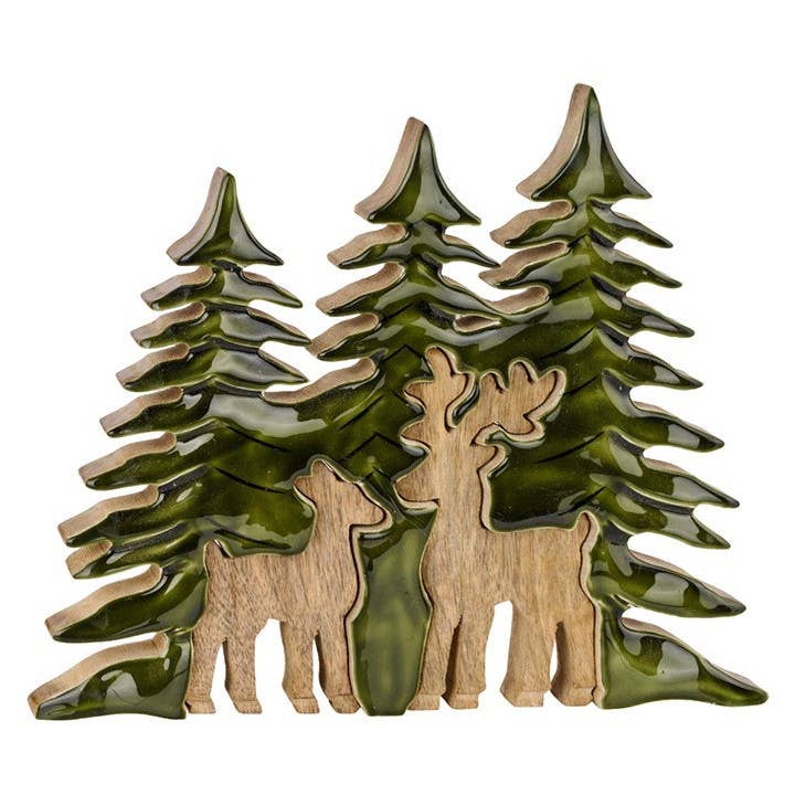 Mango Wood & Green Enamel Tree and Deer Puzzle Decor - 11"
