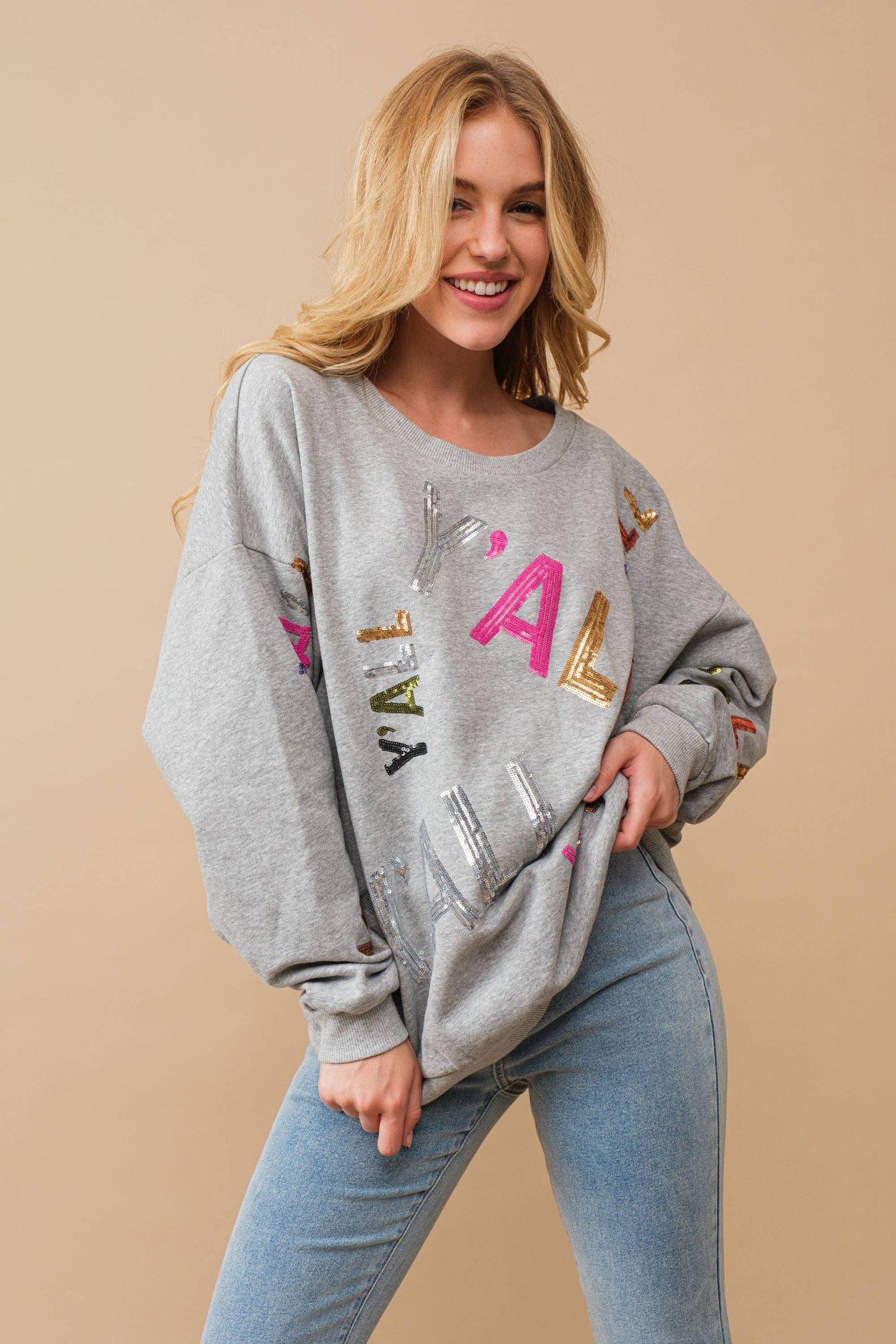 50008T - Sequin Embellished Y'all Graphic Sweatshirt