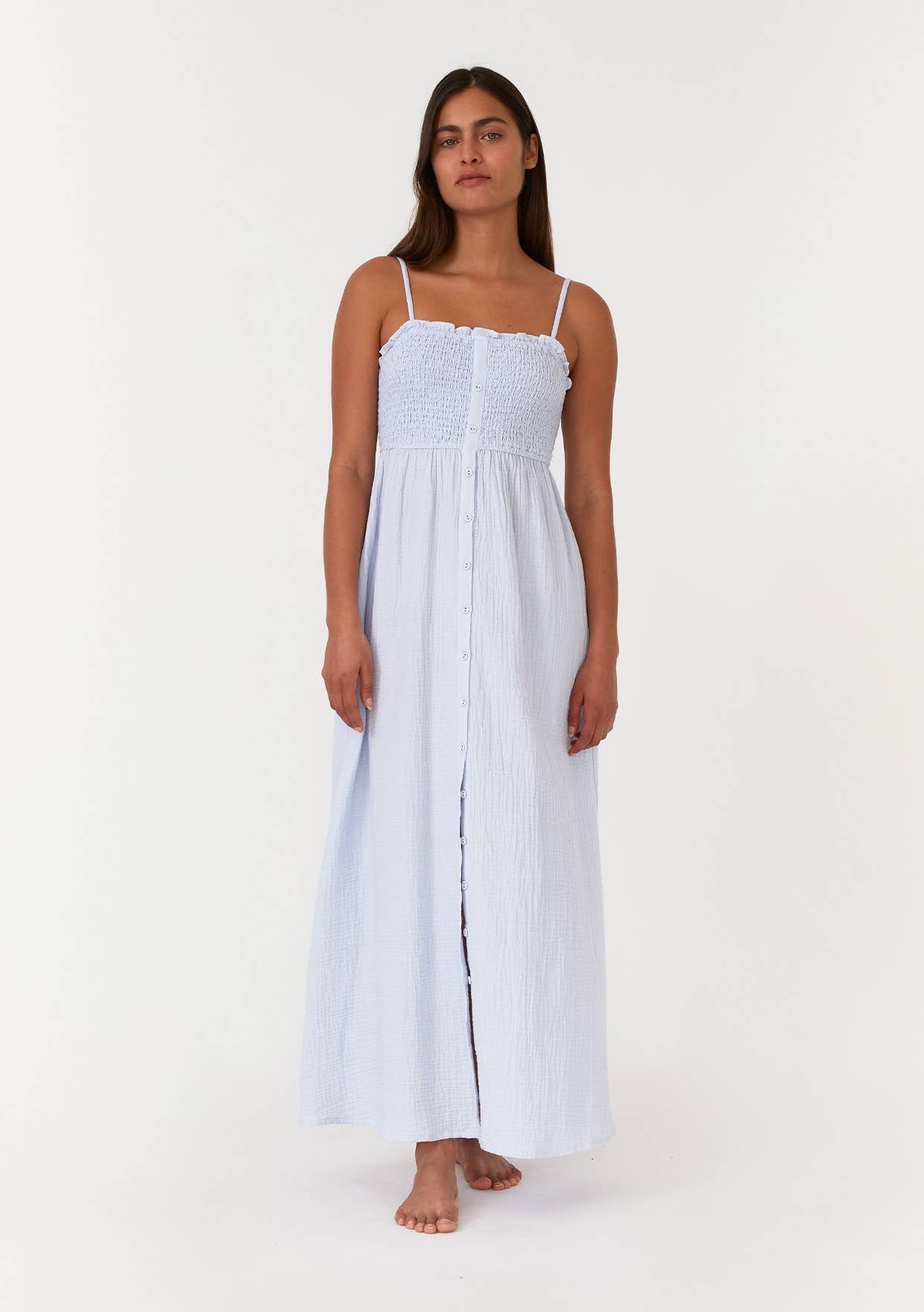 Cotton Button Front Smocked Sleeveless Maxi Dress The Creamery Cotton Button Front Smocked Sleeveless Maxi Dress The Creamery