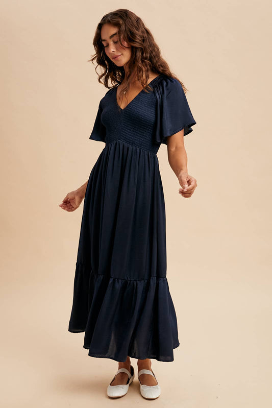 Smocked Washed Satin Midi Dress
