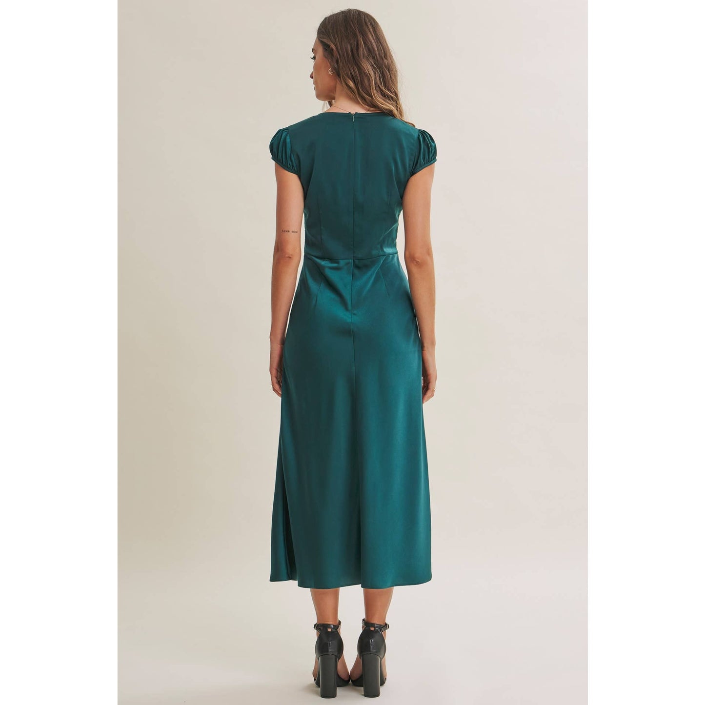 GRACEFUL DRAPE BIAS CUT SILKY SATIN LACE MIDI DRESS