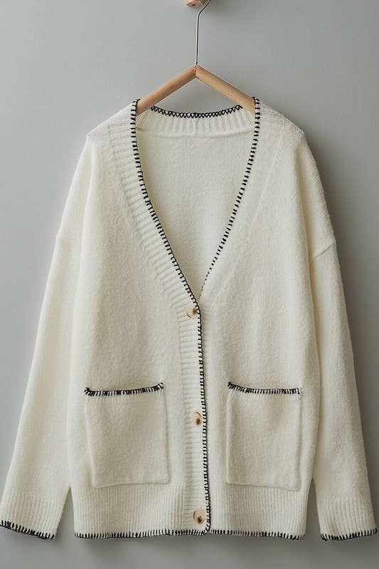 Contrast Stitch Button Front Relaxed Knit Cardigan