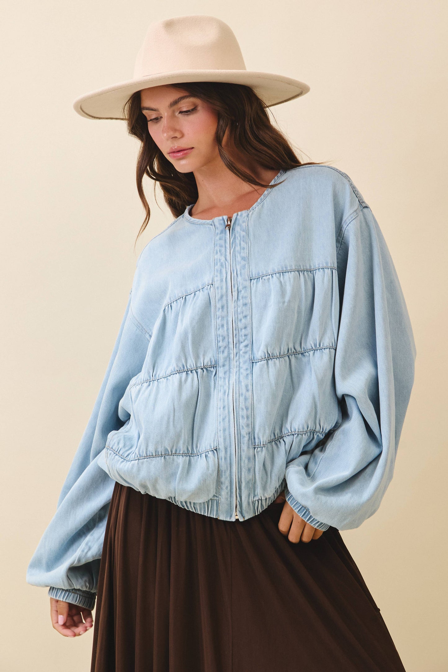 Oversized Ruched Denim Zip Jacket