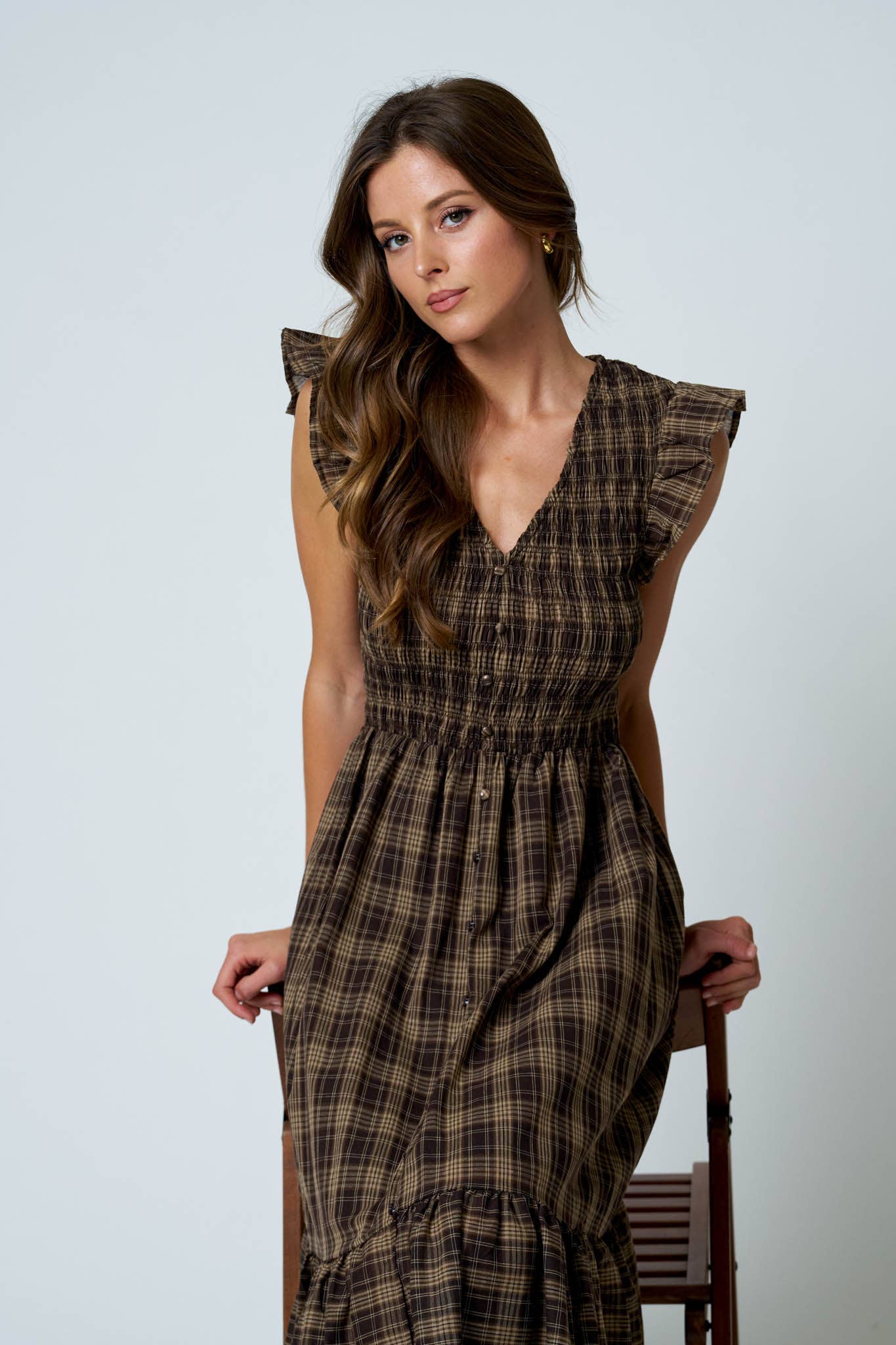Plaid Button Down Ruffled Midi Dress