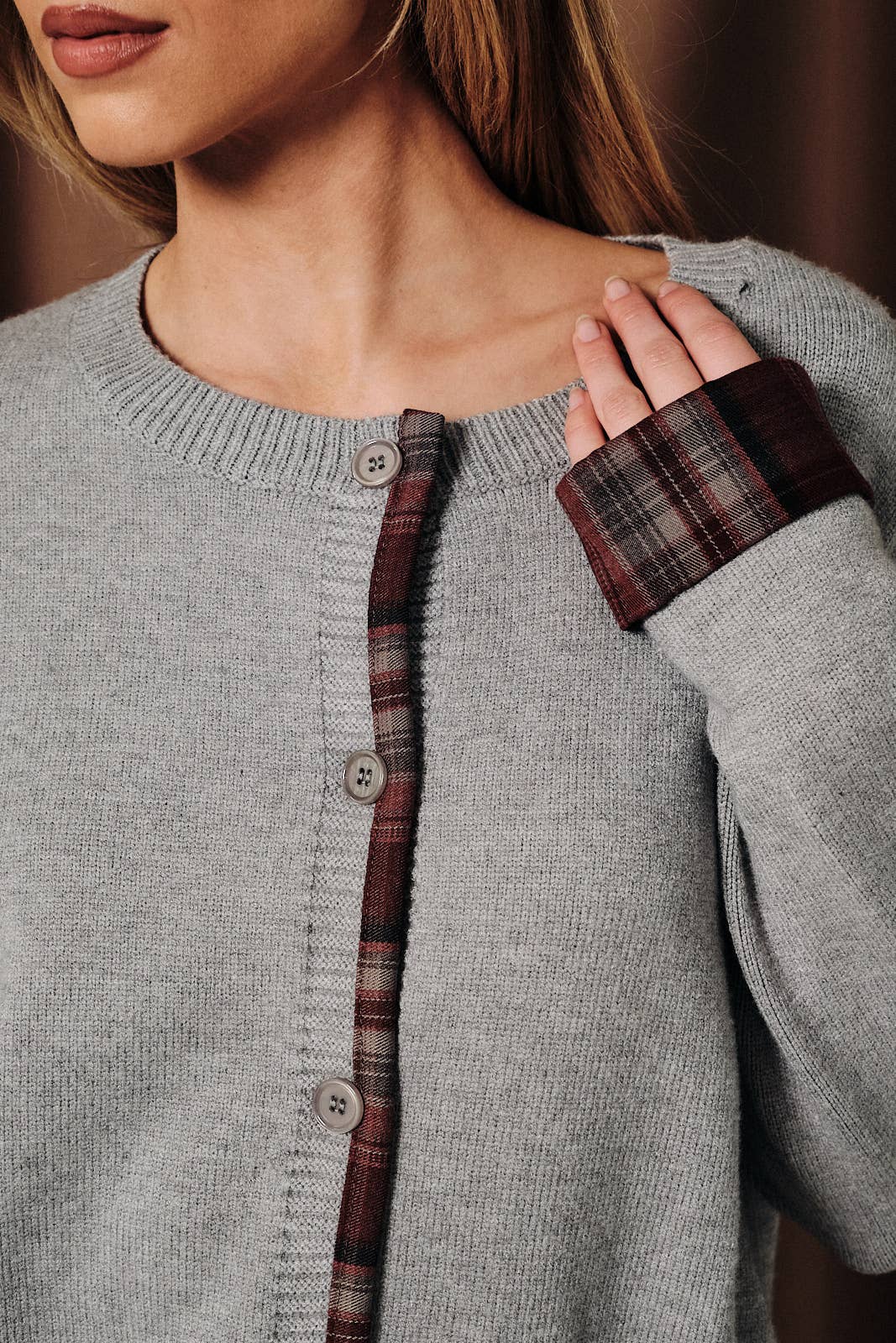 PLAID DETAIL SWEATER CARDIGAN