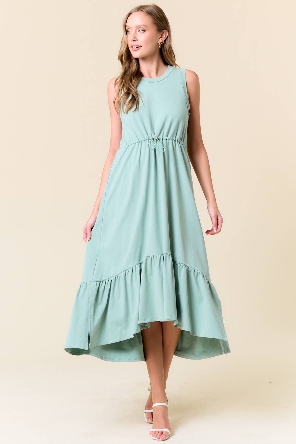 Drawcord Waist Tiered French Terry Midi Dress