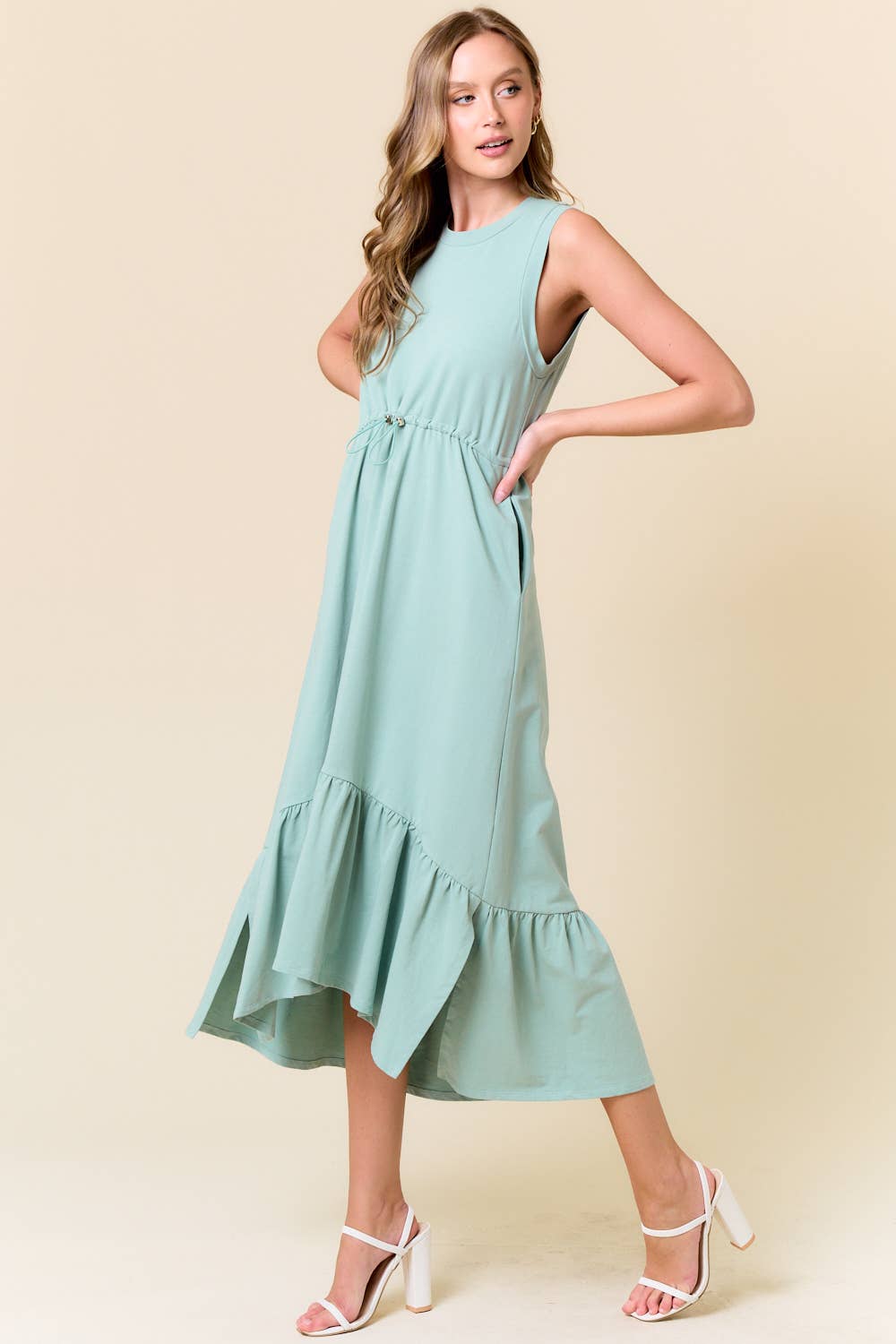 Drawcord Waist Tiered French Terry Midi Dress