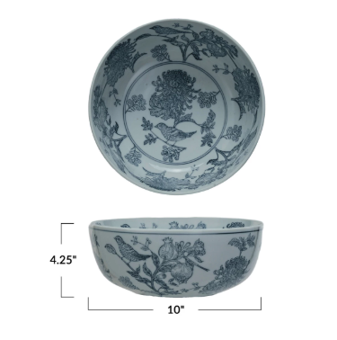 Stoneware Bowl w/ Birds & Botanicals