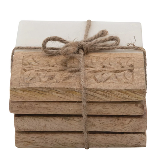 Marble and Hand-Carved Wood Coasters, Set of 4