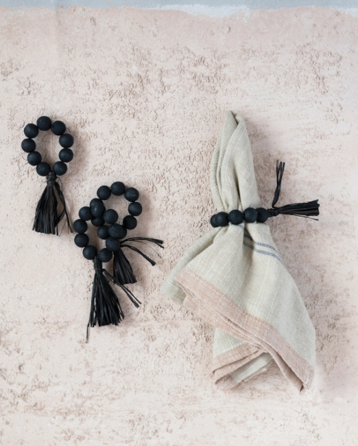 Wood Bead Napkin Rings with Raffia Tassel