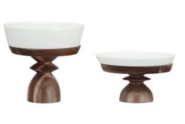 Stoneware Serving Dish w/ Wood Pedestal