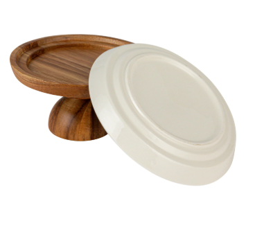 Stoneware Serving Dish w/ Wood Pedestal