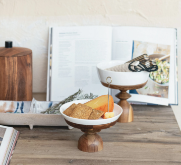 Stoneware Serving Dish w/ Wood Pedestal