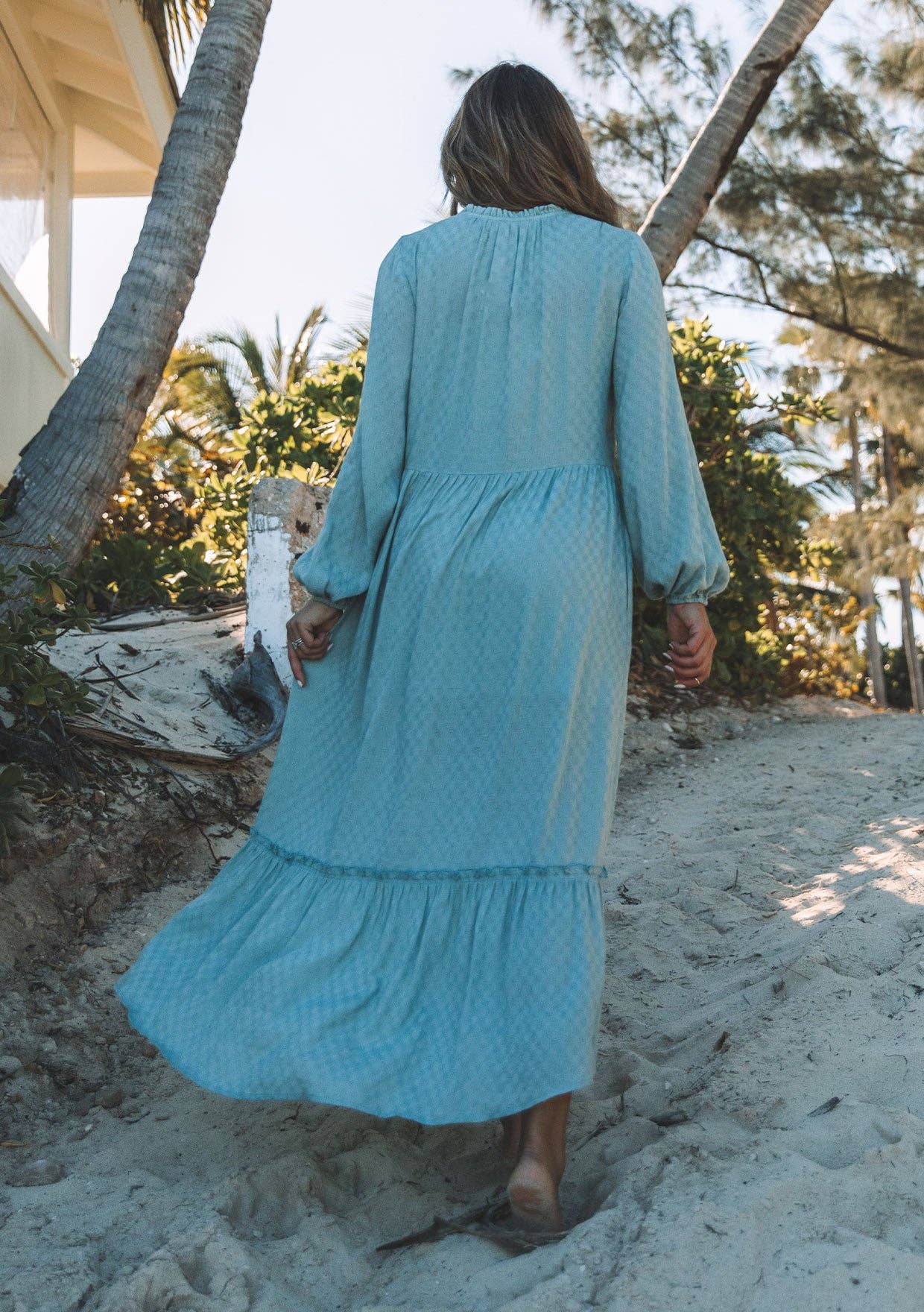 Checkered Jacquard Boho Long Sleeve Maxi Dress
