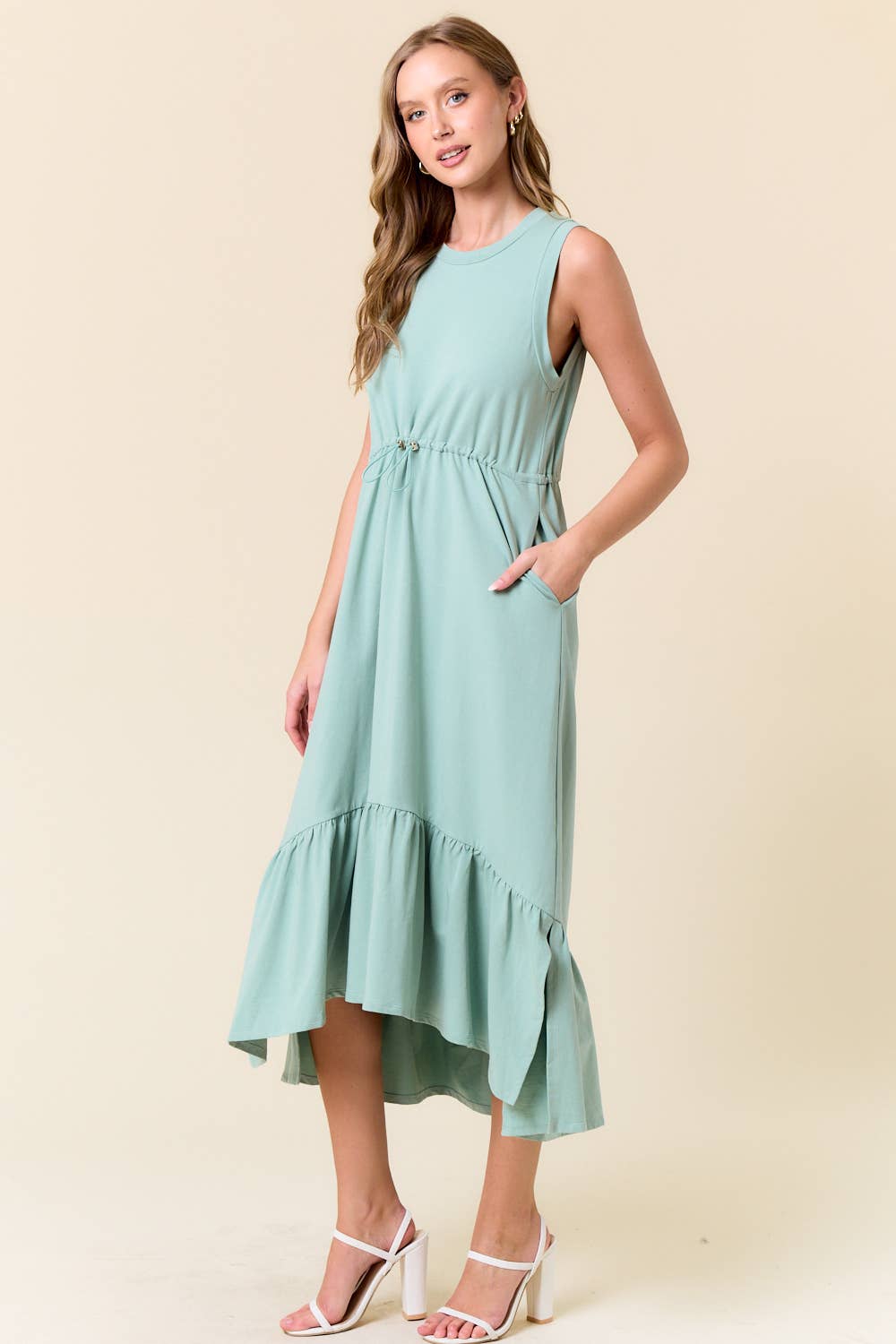 Drawcord Waist Tiered French Terry Midi Dress