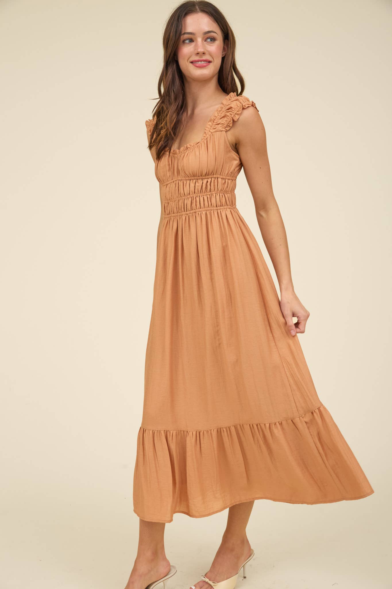 Shirred Waist Short Sleeve Midi Dress