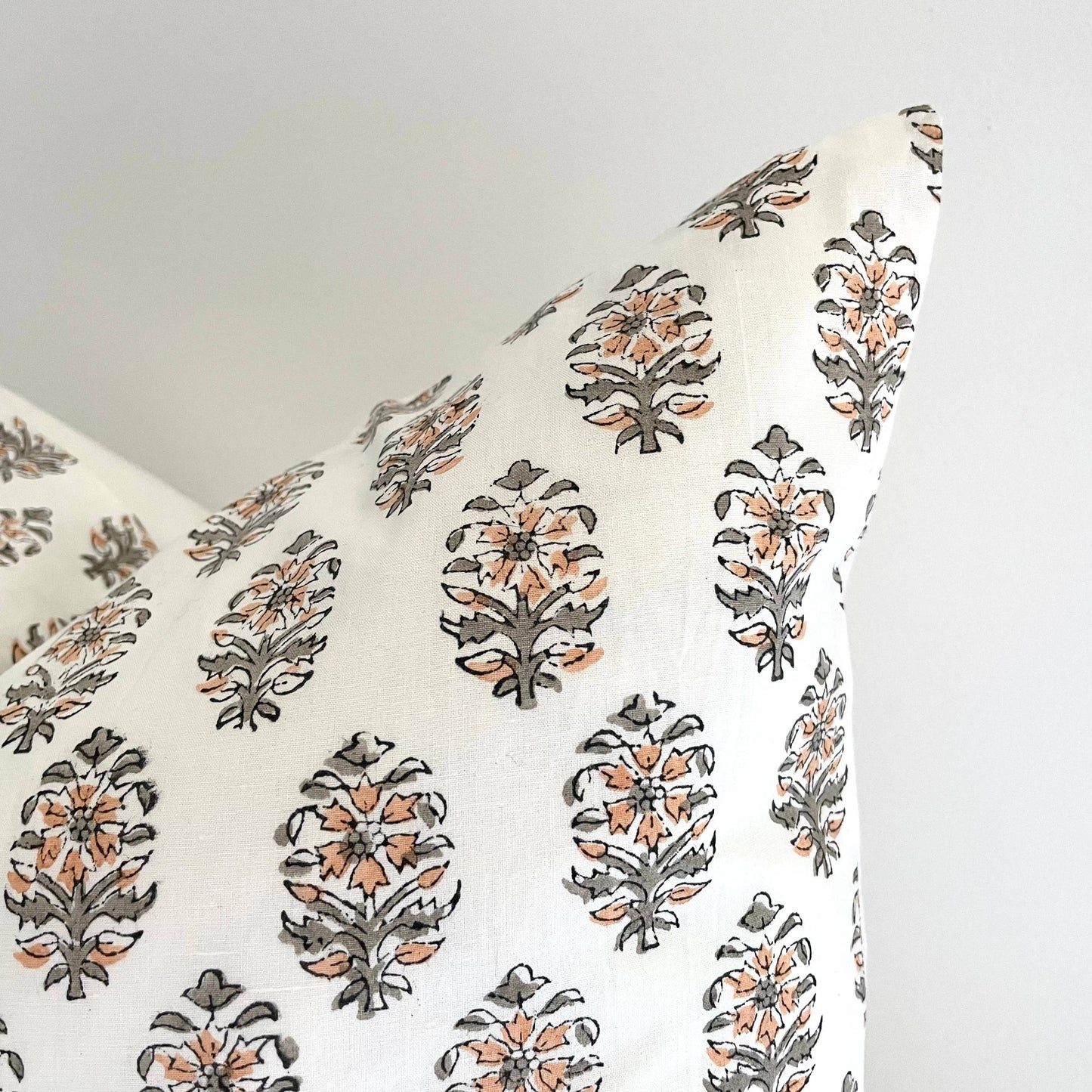 Cotton Peach Gray Floral Motif Square Pillow Cover 18x18