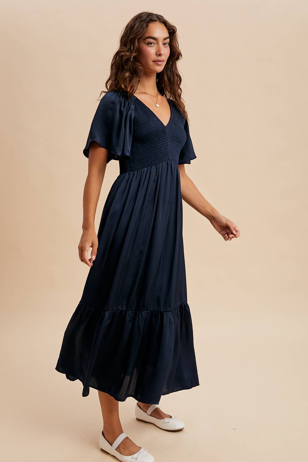 Smocked Washed Satin Midi Dress
