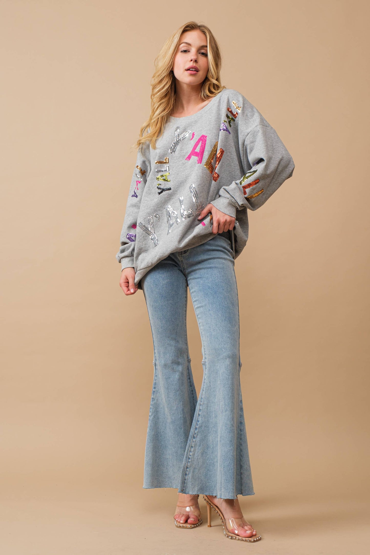 50008T - Sequin Embellished Y'all Graphic Sweatshirt