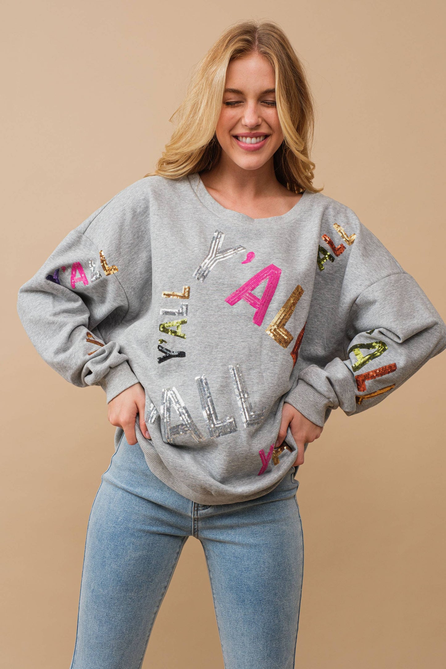 50008T - Sequin Embellished Y'all Graphic Sweatshirt