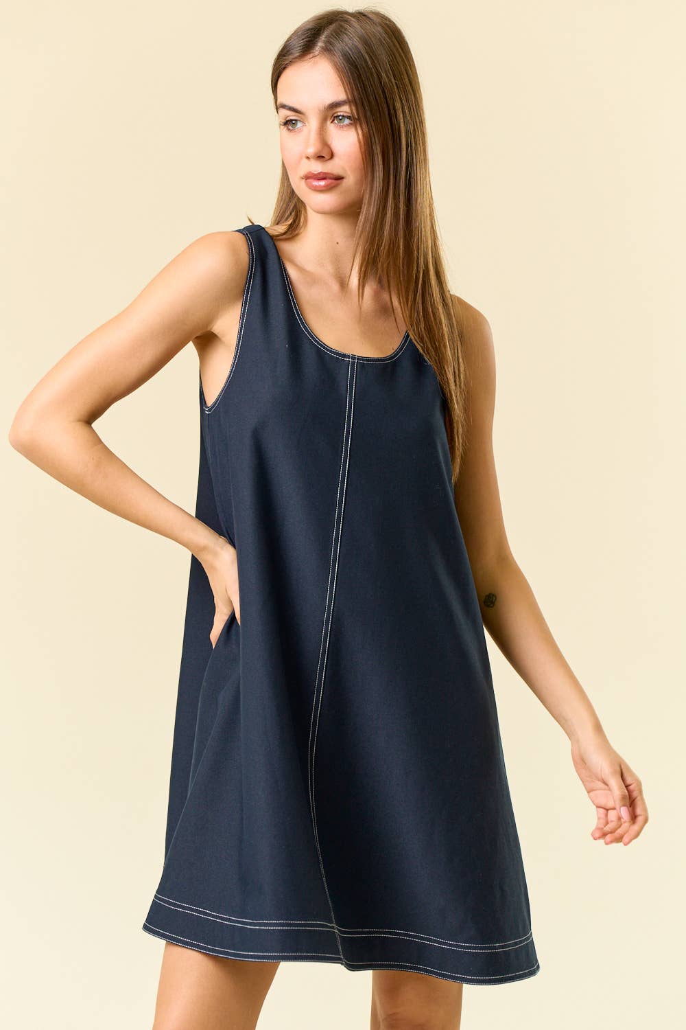 Double Scoop Neck Contrast Top Stitched Mini Dress