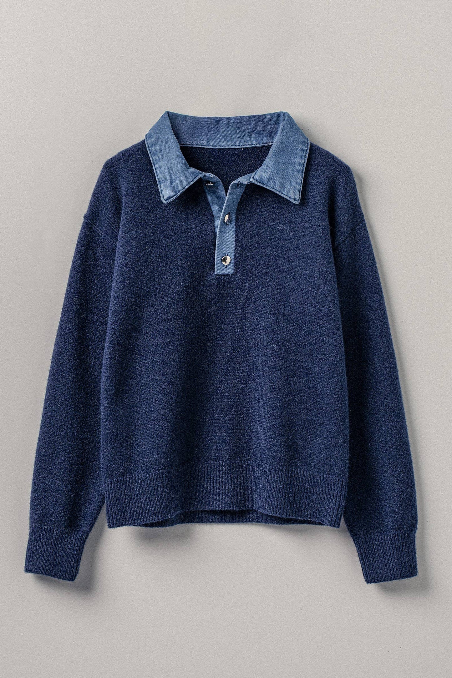 Denim Collar Contrast Button Knit Pullover