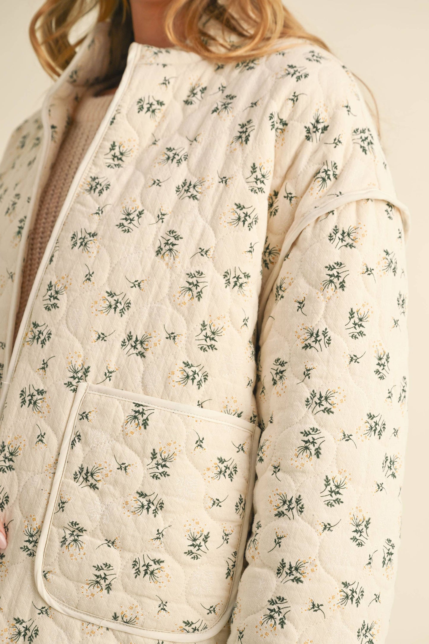 Ditsy Floral Padded Quilted Open Front Jacket