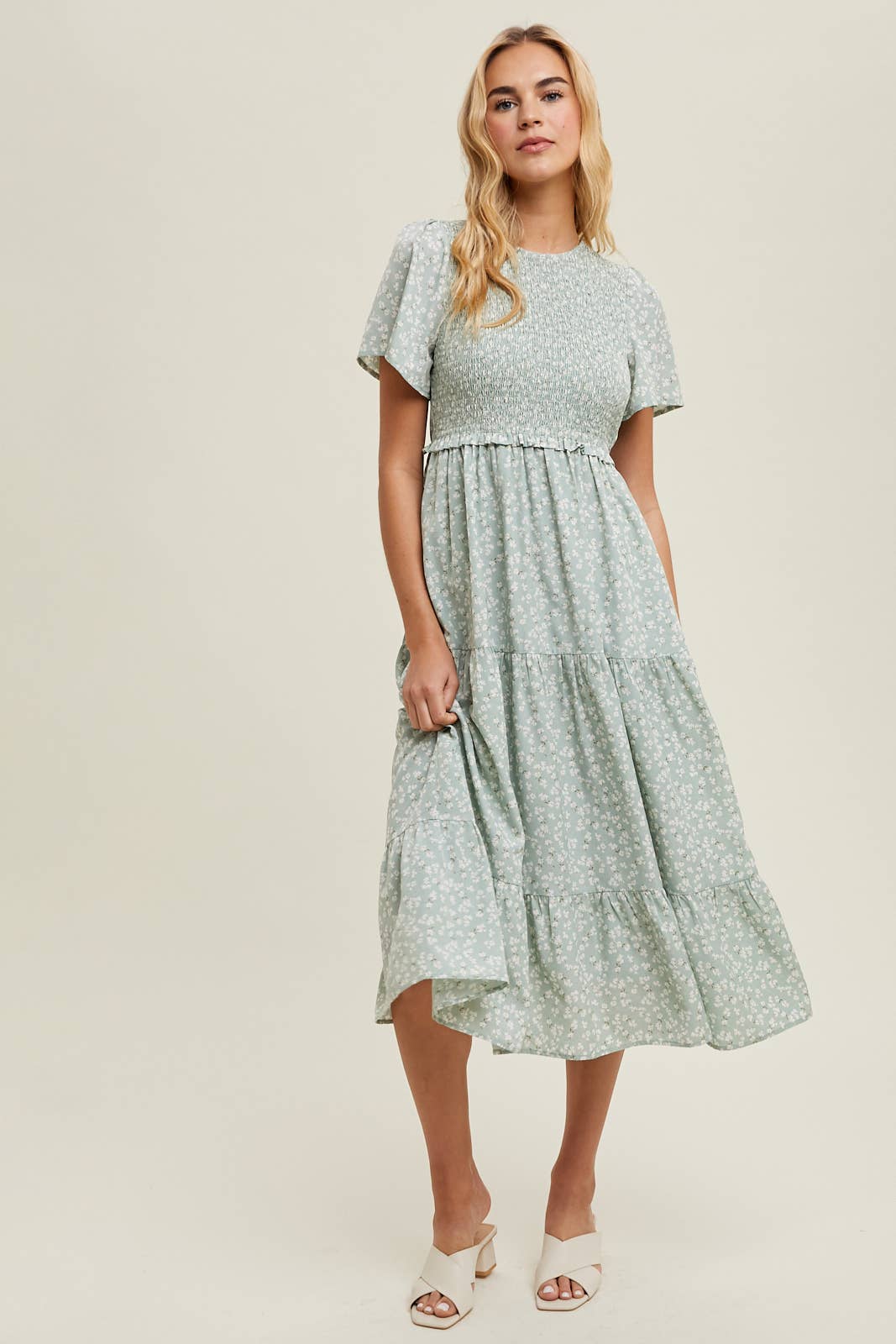 Floral Flutter Sleeve Tiered Midi Dress