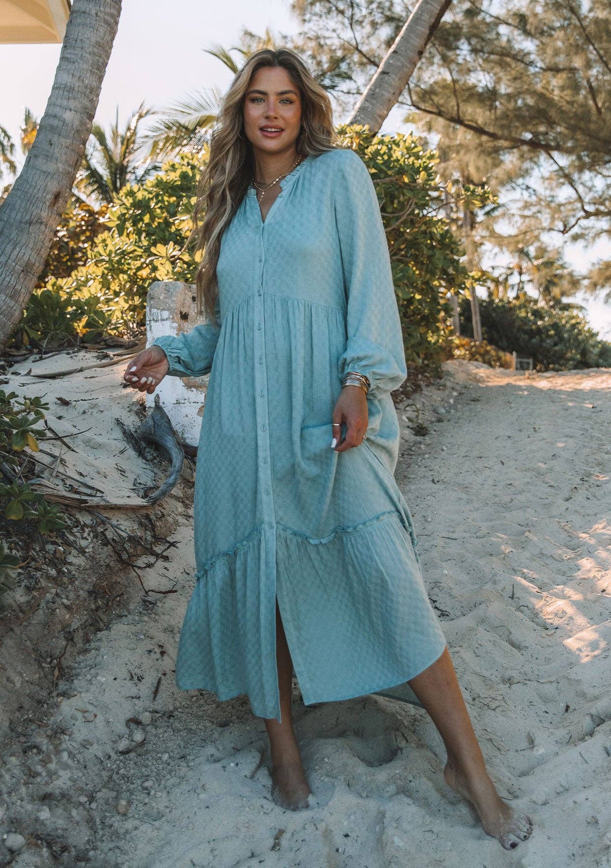Checkered Jacquard Boho Long Sleeve Maxi Dress