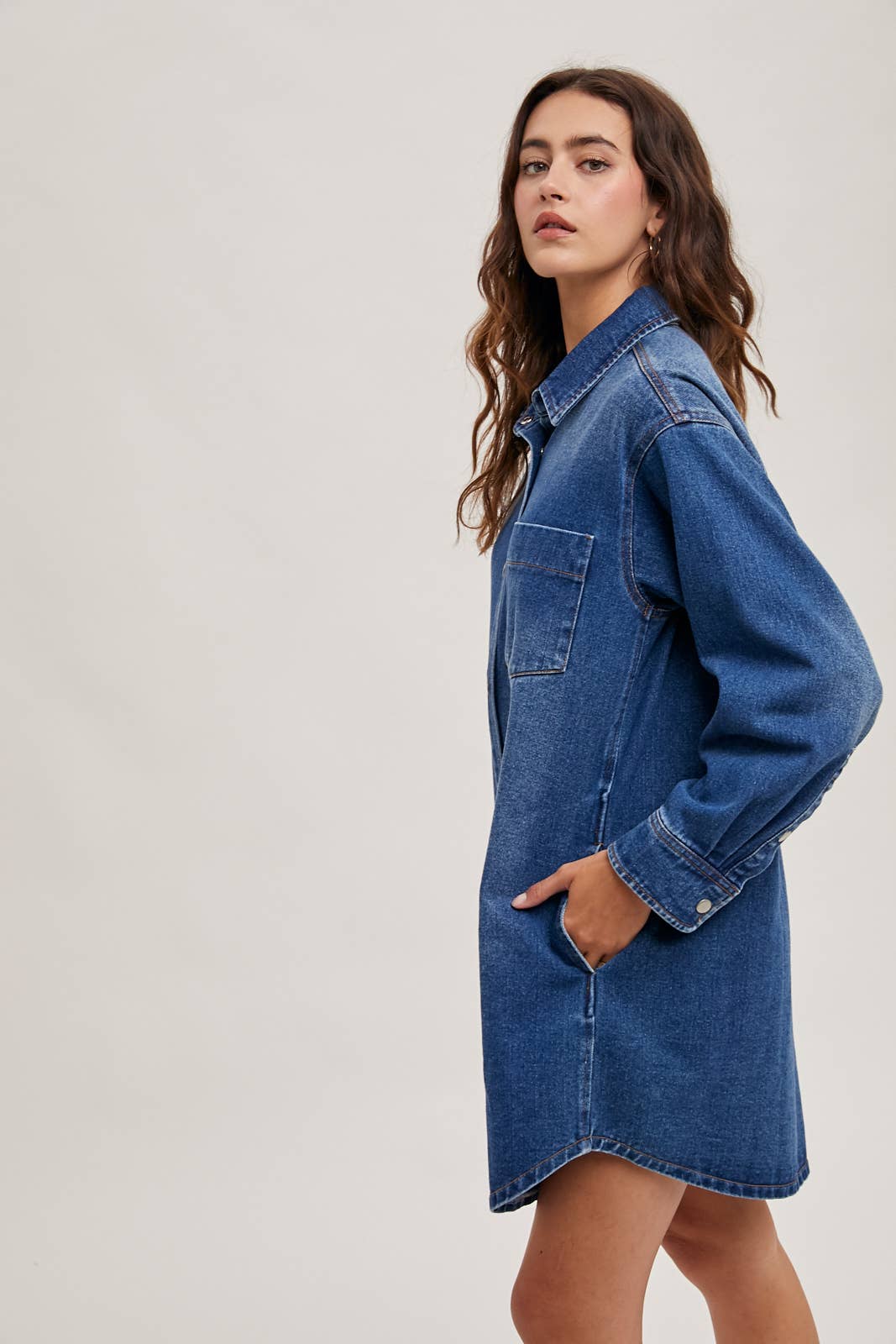 DENIM BUTTON DOWN SHIRT DRESS WITH POCKETS