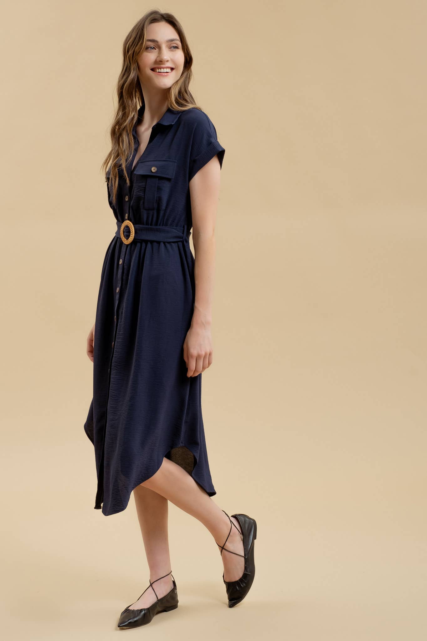 BUTTON DOWN BELTED DRESS