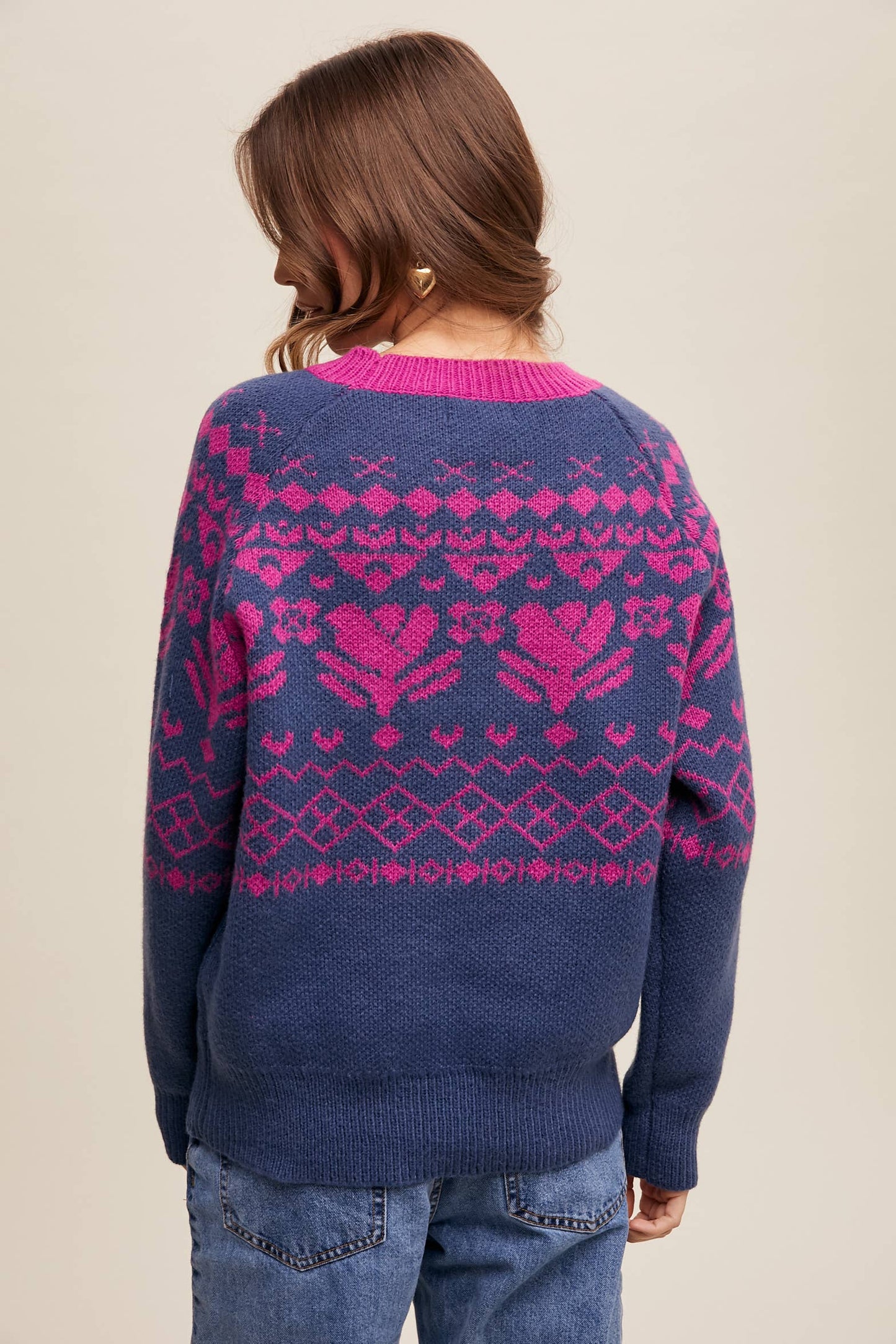 Fair Isle Heart Knit Pullover Sweater