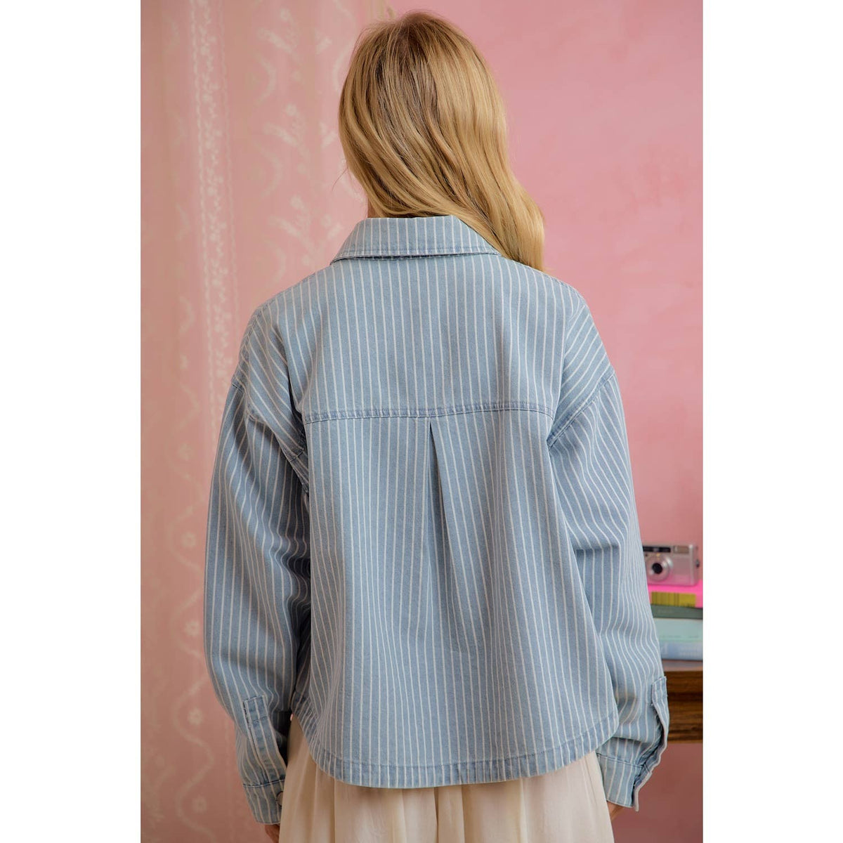 STRIPED COTTON BLEND BUTTON FRONT SHACKET WITH POCKETS