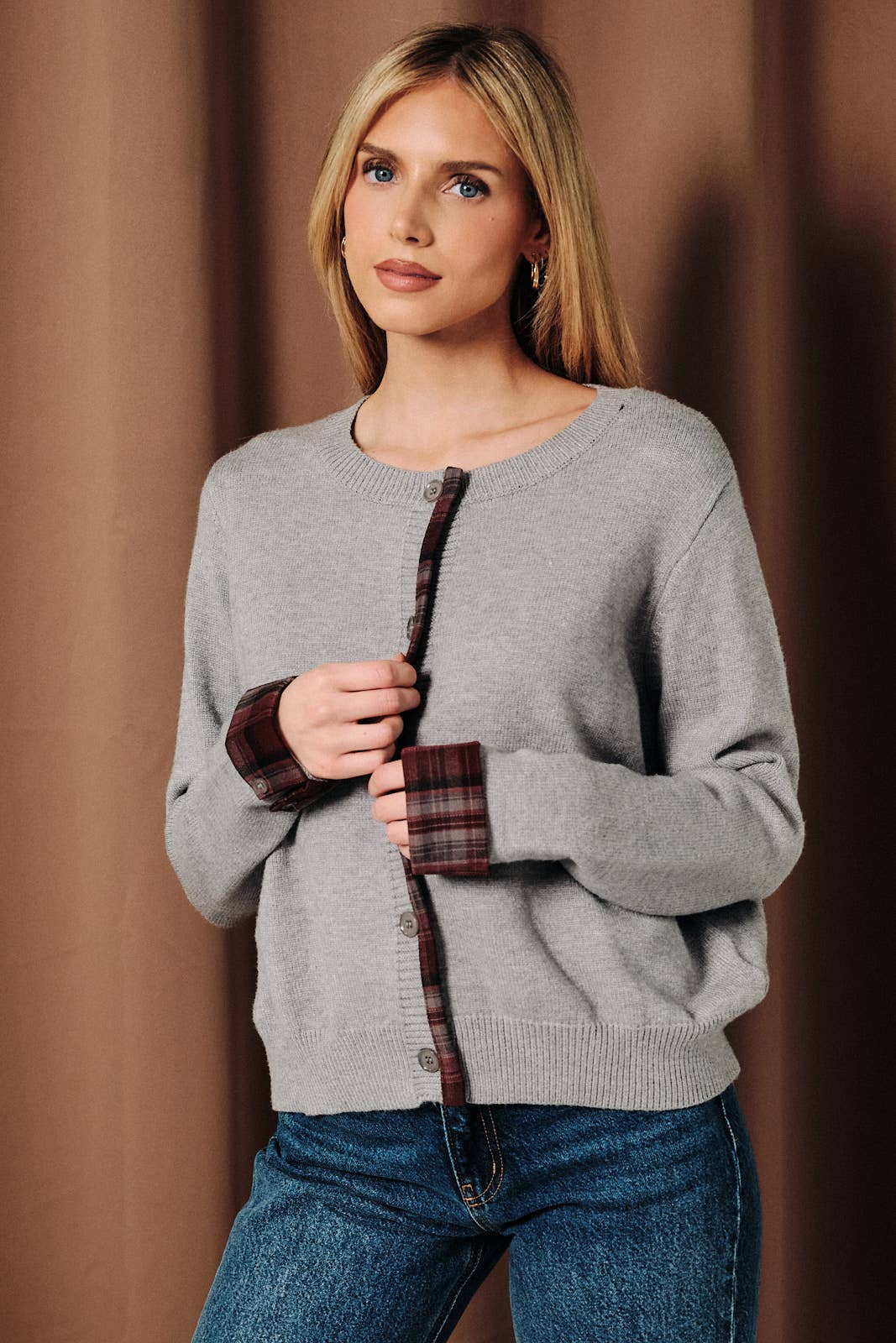 PLAID DETAIL SWEATER CARDIGAN