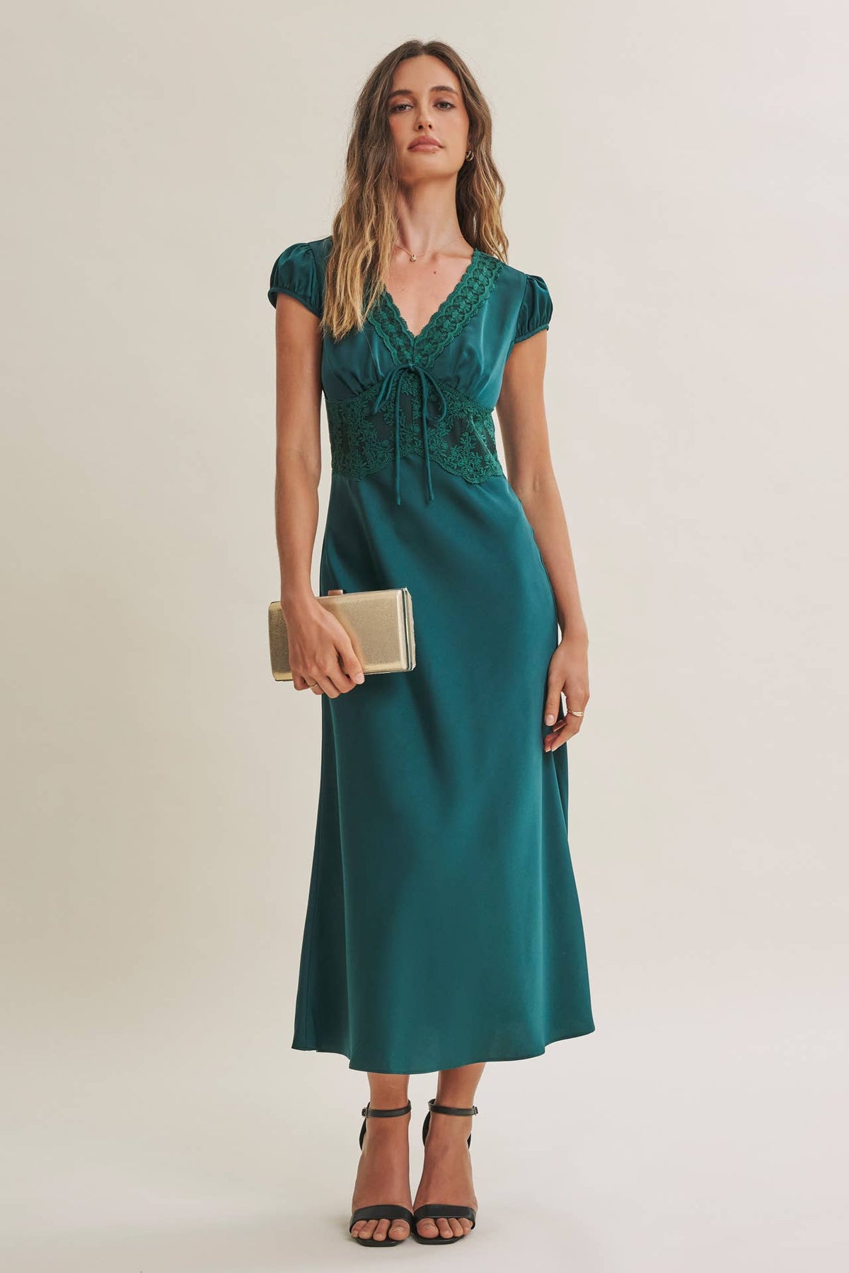 GRACEFUL DRAPE BIAS CUT SILKY SATIN LACE MIDI DRESS