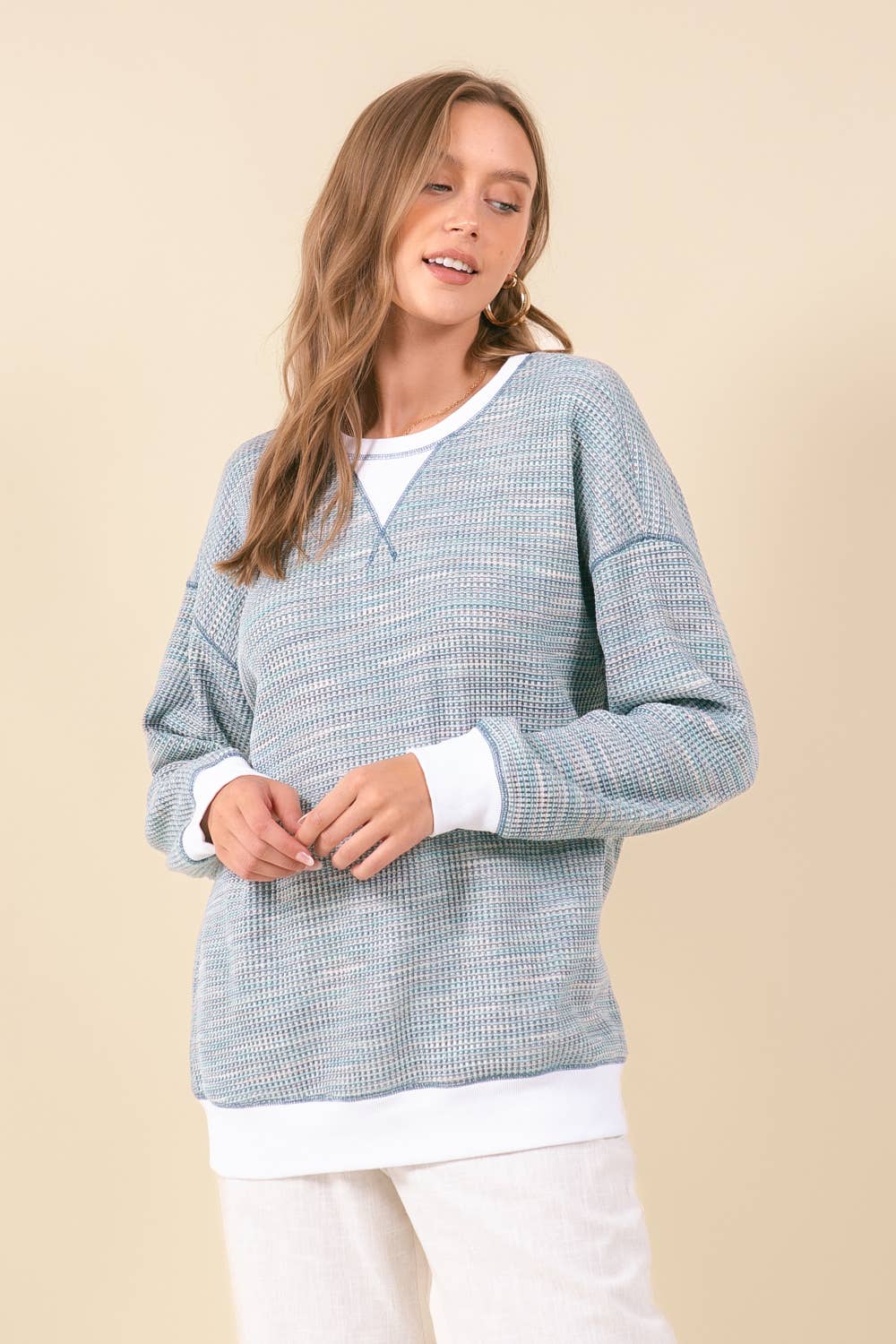 MULTI-COLORED WAFFLE KNIT DROP SHOULDER LONG SLEEVE - 44601T