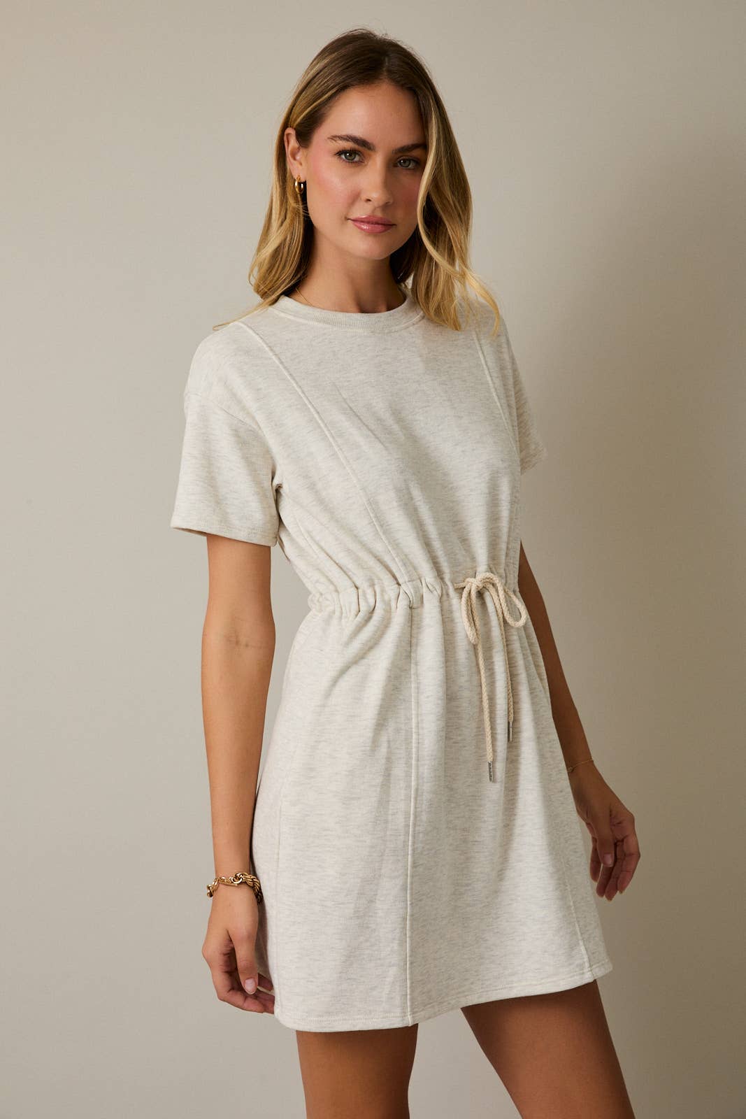 ROUND NECK SHORT SLEEVE WAIST TIE MINI DRESS