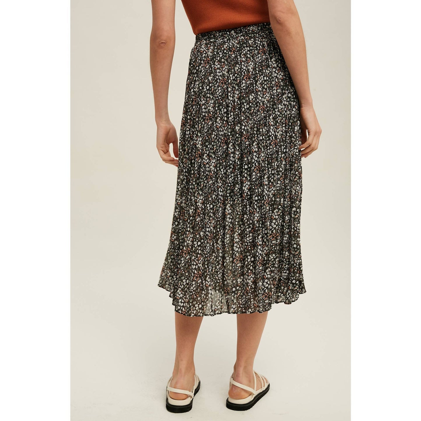 FLORAL PLEATED LINED MIDI SKIRT / WL22-6585