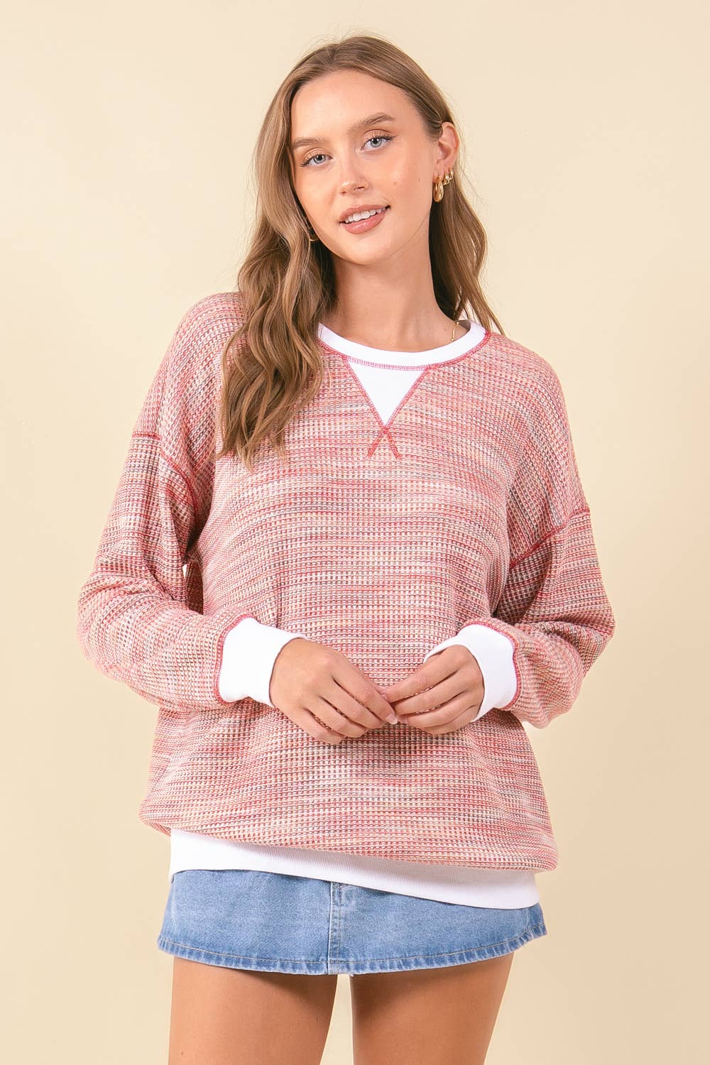 MULTI-COLORED WAFFLE KNIT DROP SHOULDER LONG SLEEVE - 44601T