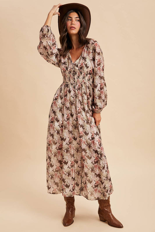 Tencel Floral Smocked Button Down Maxi Dress