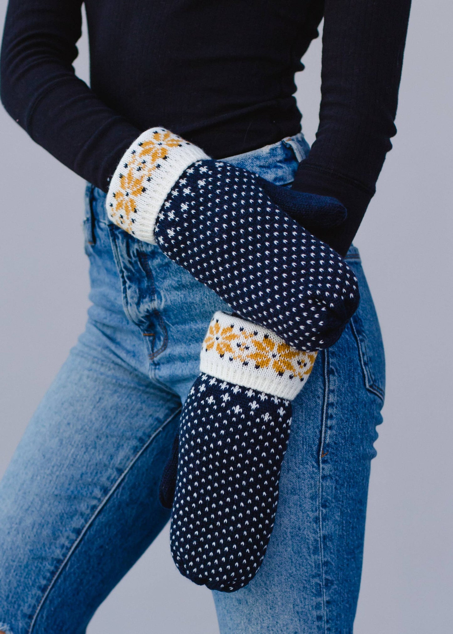 Navy, White & Mustard Patterned Mittens