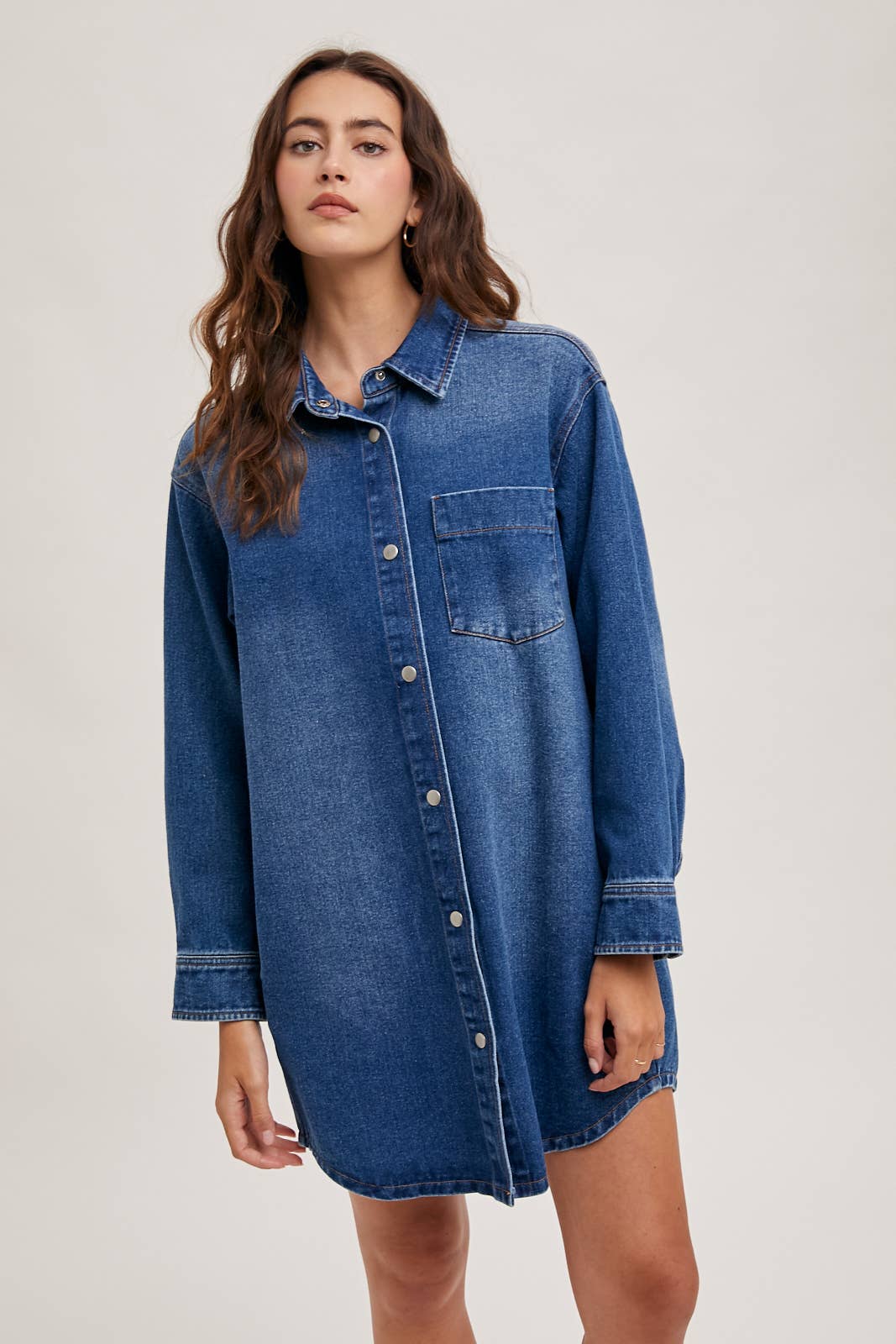 DENIM BUTTON DOWN SHIRT DRESS WITH POCKETS